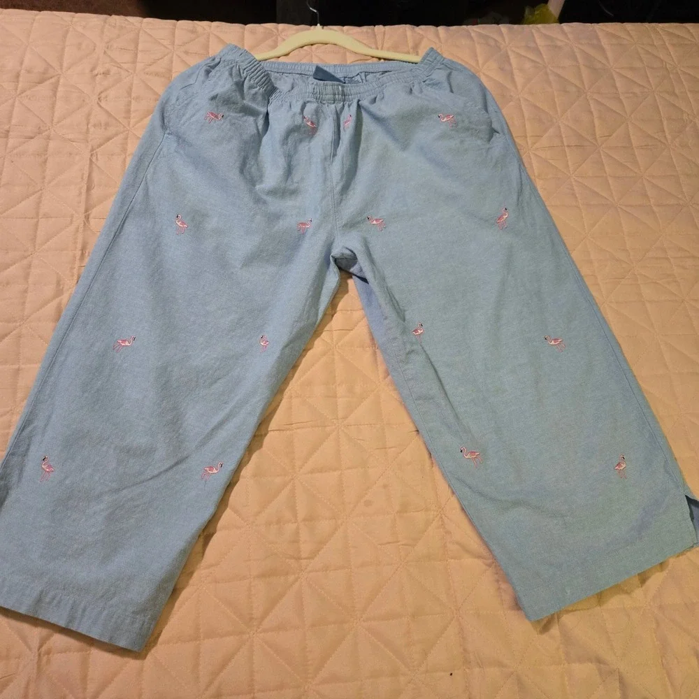Jane Ashley Blue‎ Cotton Flamingo Chambray Set Top Pants PL Embroidery Sequin